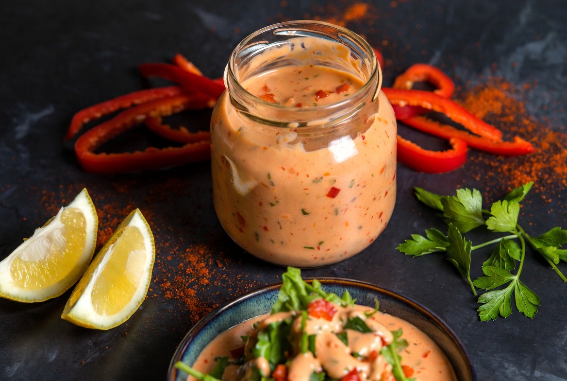Smoky spicy vegan seafood dressing with roasted red pepper and herbs
