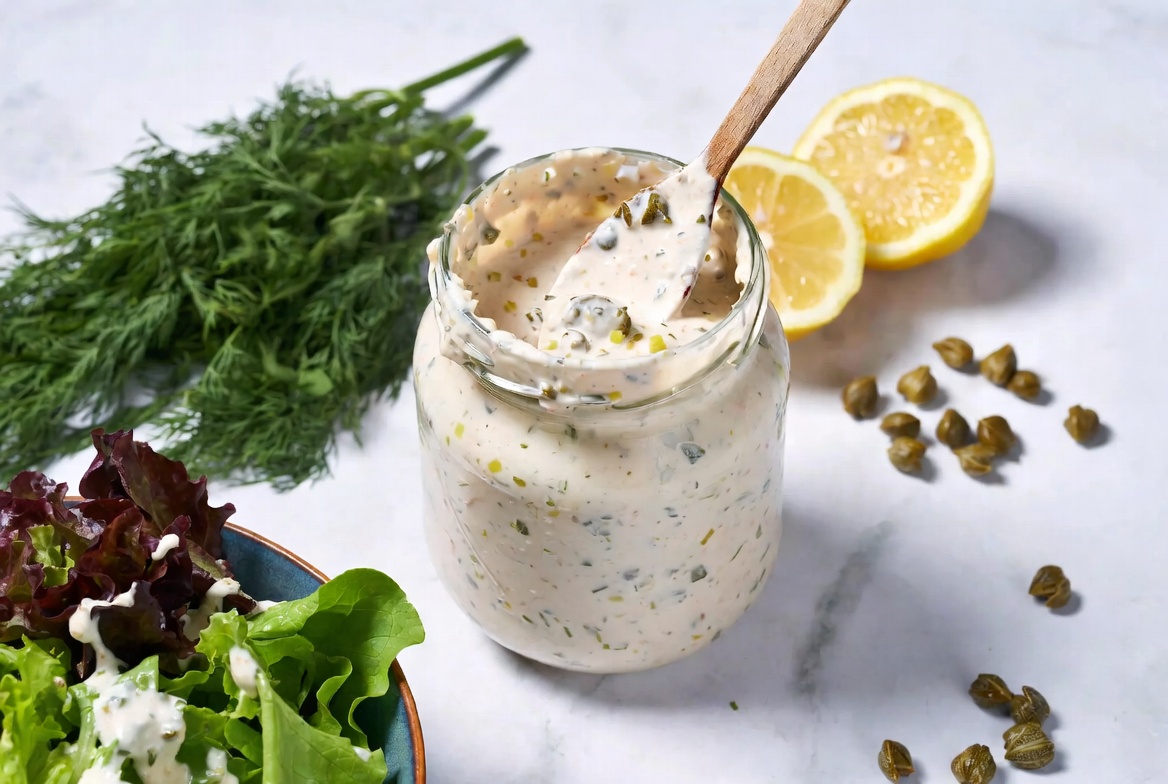 Classic vegan remoulade-style seafood dressing in a glass jar with fresh herbs and capers
