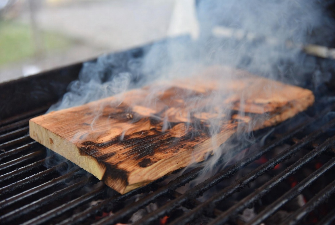 Cedar plank on grill showing natural wood and light char for plant-based grilling