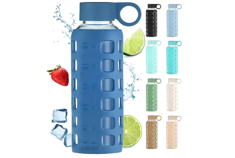 purifyou 40oz / 32oz / 22oz / 12oz Borosilicate Glass Water Bottle with Time & Volume Markers, Silicone Sleeve, Stainless Steel Lid | Reusable Glass... 