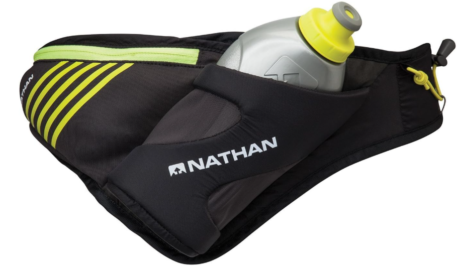 Nathan Peak Running Hydration Waist Pack Belt w/ Speed Draw Flask Water Bottle, 18oz/535 ml Push/Pull Race Cap, Expandable Zippered Stretch Pocket 