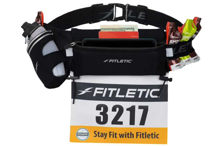 Fitletic Hydration Running Belt With 12oz Quick Flow Water Bottle For Men & Women –Race Belt, Gel Holder & Bib Toggles Patented Bounce Free Design,...