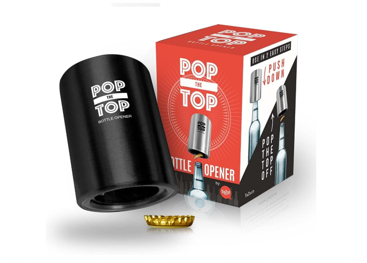 Pop-the-Top Beer Bottle Opener (Black): Automatic Bottle Cap Opener, Push Down Pop Off Bar Tool, Soda and Beer Cap Remover, Cool & Fun Gadget 