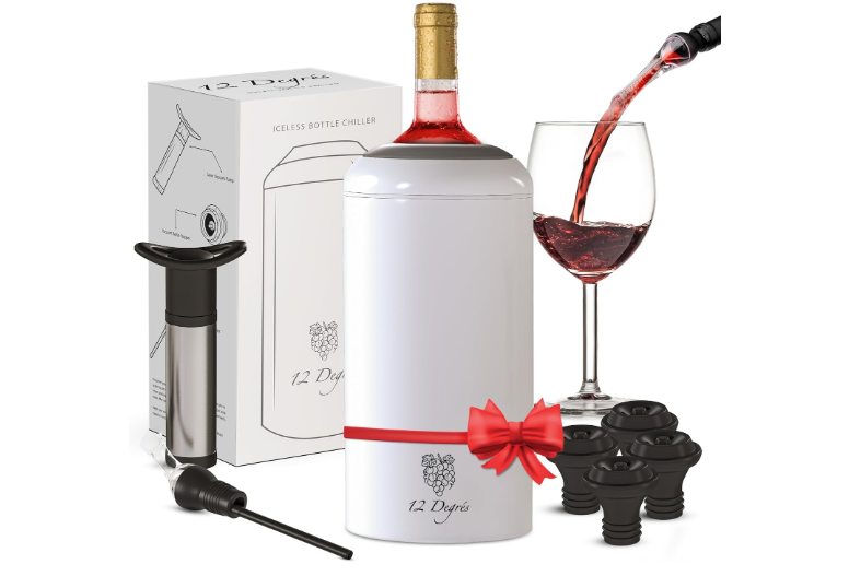 12 Degrés Wine Chiller Set - Perfect Wine Gifts for Women & Men - Stainless Steel Insulated Wine Cooler with Wine Pump, Aerator & 4 Stoppers (White... 