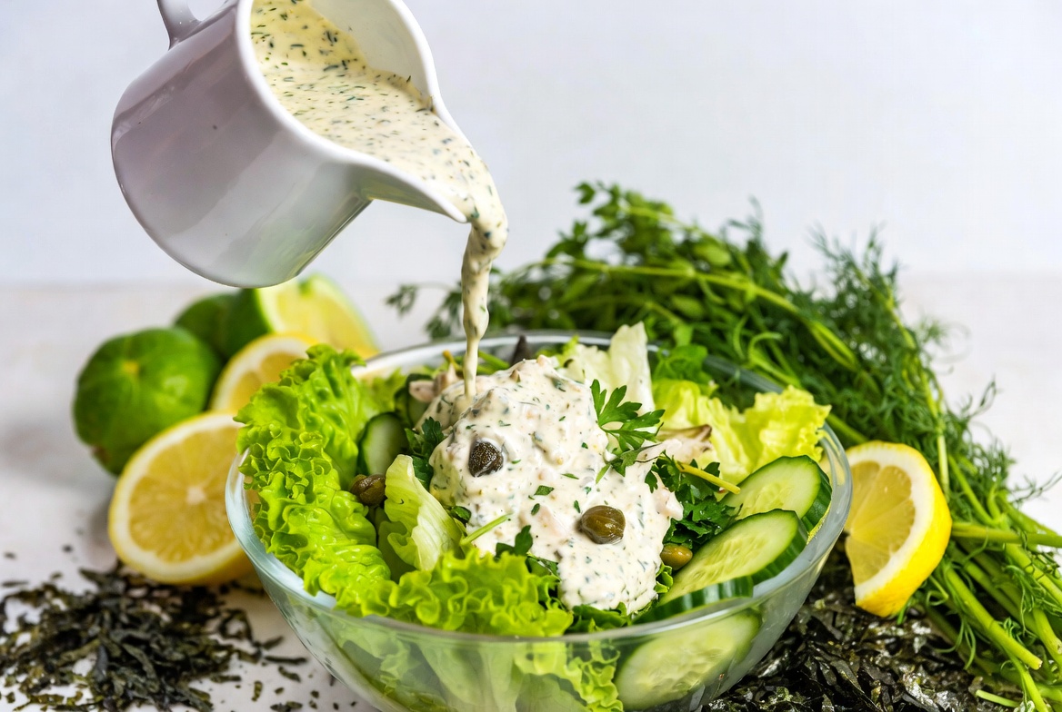 Fresh herb and lemon plant-based seafood dressing drizzled over green salad