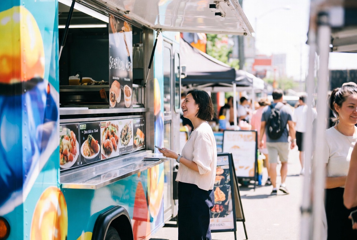 Person checking menu at a seafood food truck while searching for plant-based options at a street festival