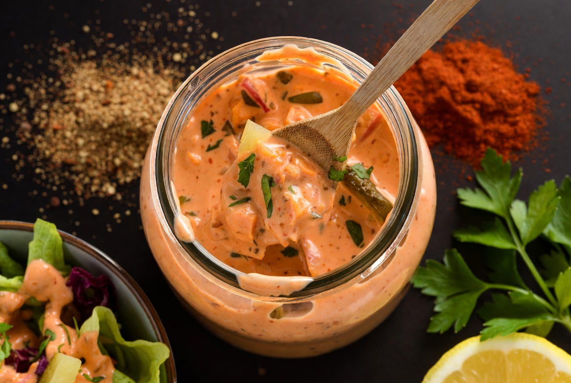 Creamy Cajun-inspired vegan seafood dressing with bold spices and herbs