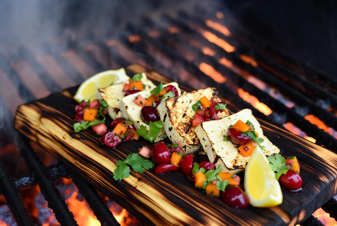 Cedar plank grilled tofu with fresh cherry mango salsa plant-based recipe