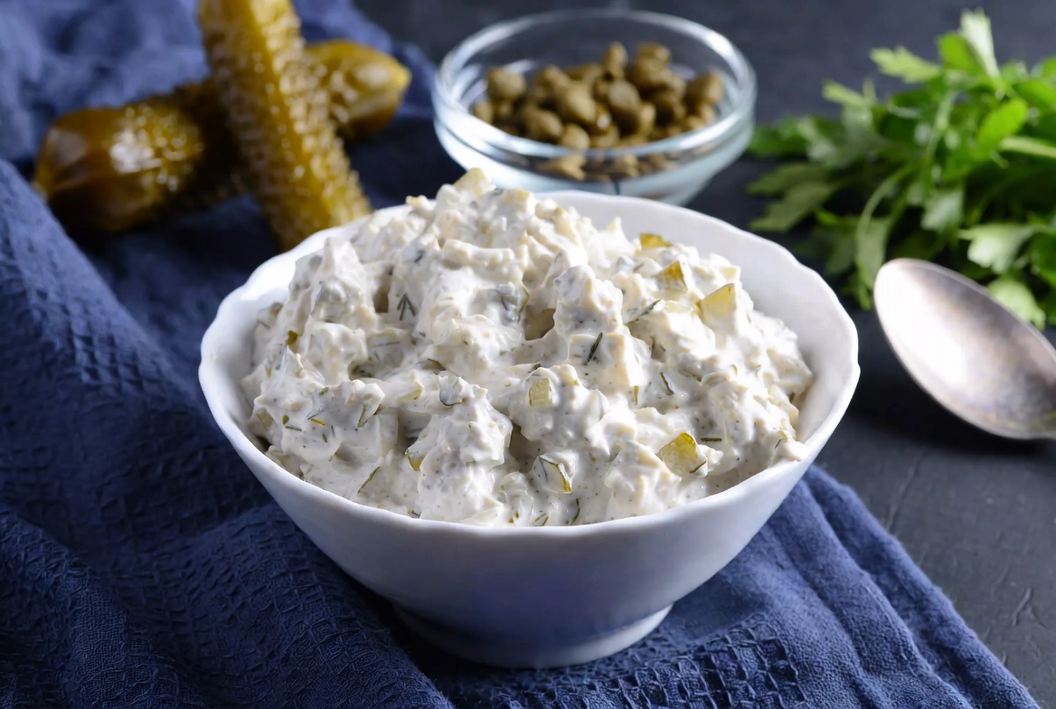 Tangy vegan tartar sauce seafood dressing with chopped pickles and fresh dill