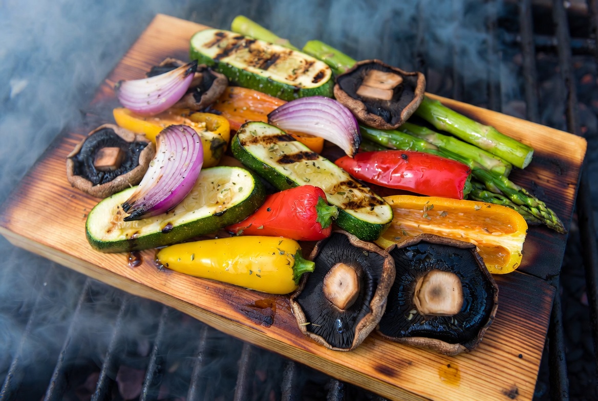 Smoky cedar plank grilled vegetable medley with zucchini peppers and mushrooms