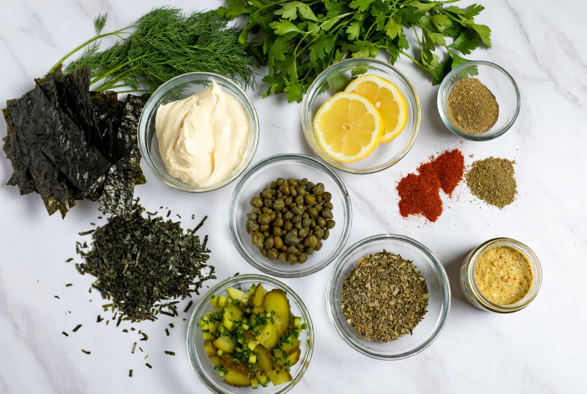 Plant-based ingredients for vegan seafood dressing including capers, nori, fresh herbs, lemon, and spices