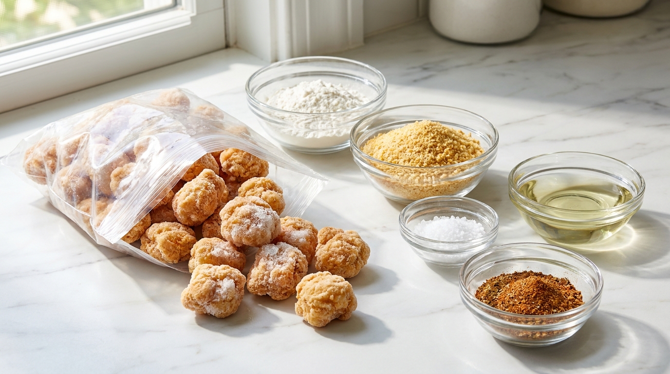 Tyson popcorn chicken ingredients and frozen product overview on kitchen counter