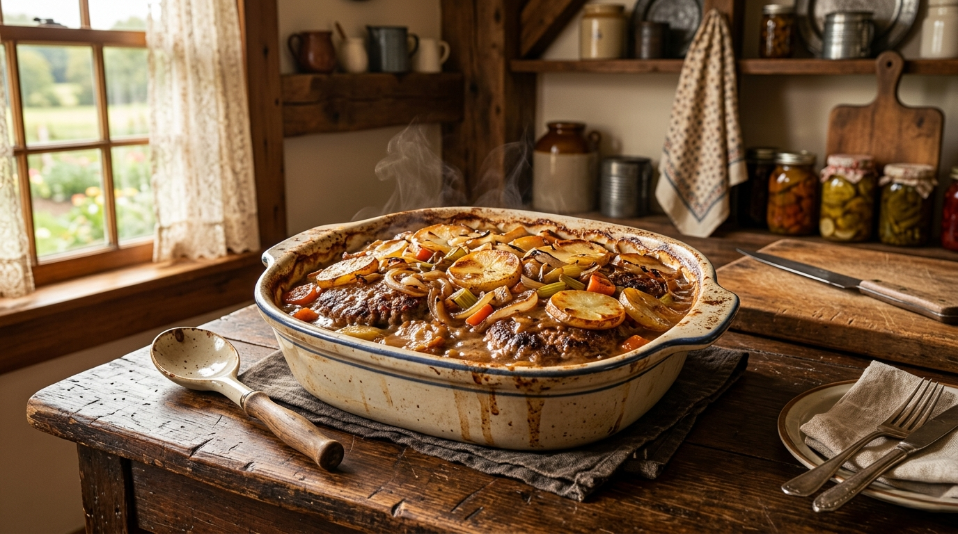 Traditional Amish hamburger steak bake casserole in rustic farmhouse kitchen
