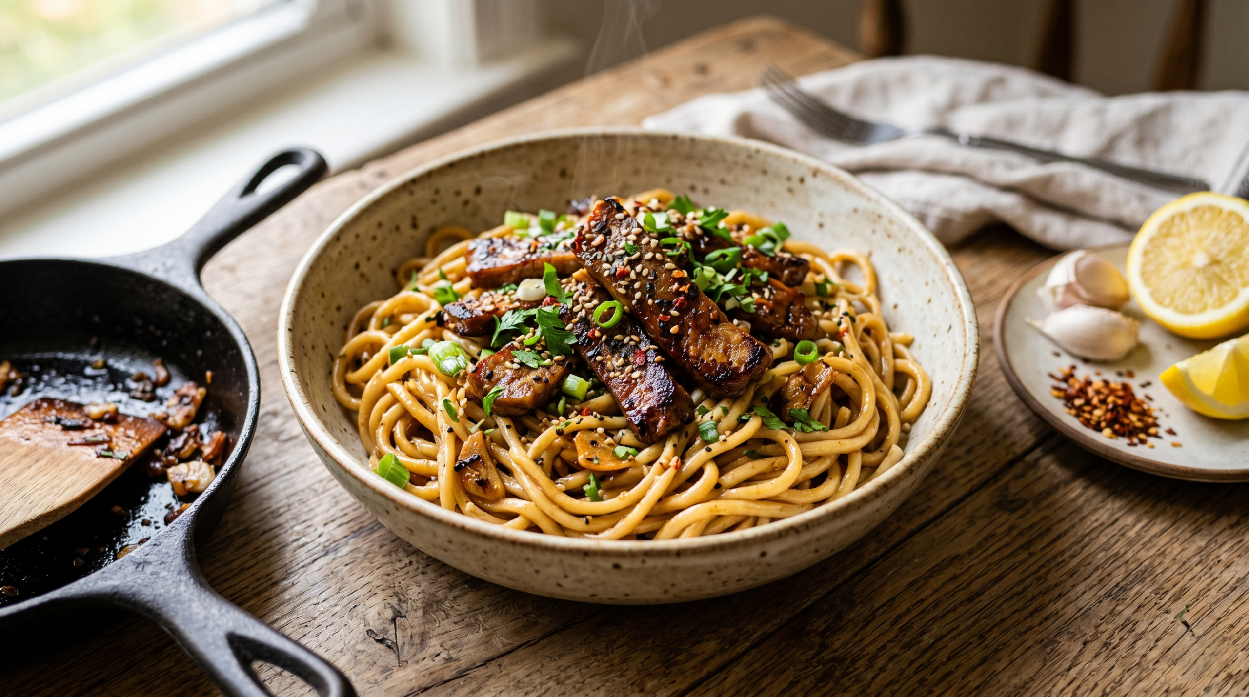 Plant-based garlic butter steak lightning noodles with vegan steak strips and fresh herbs