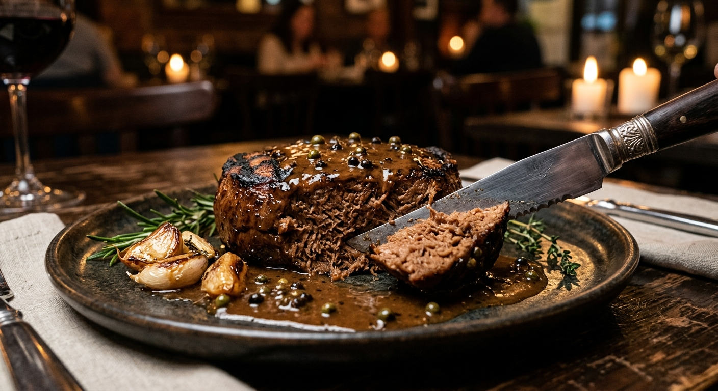 Close-up photo of a grilled seitan steak filet with a knife cutting into it, revealing a meaty texture and peppercorn sauce.