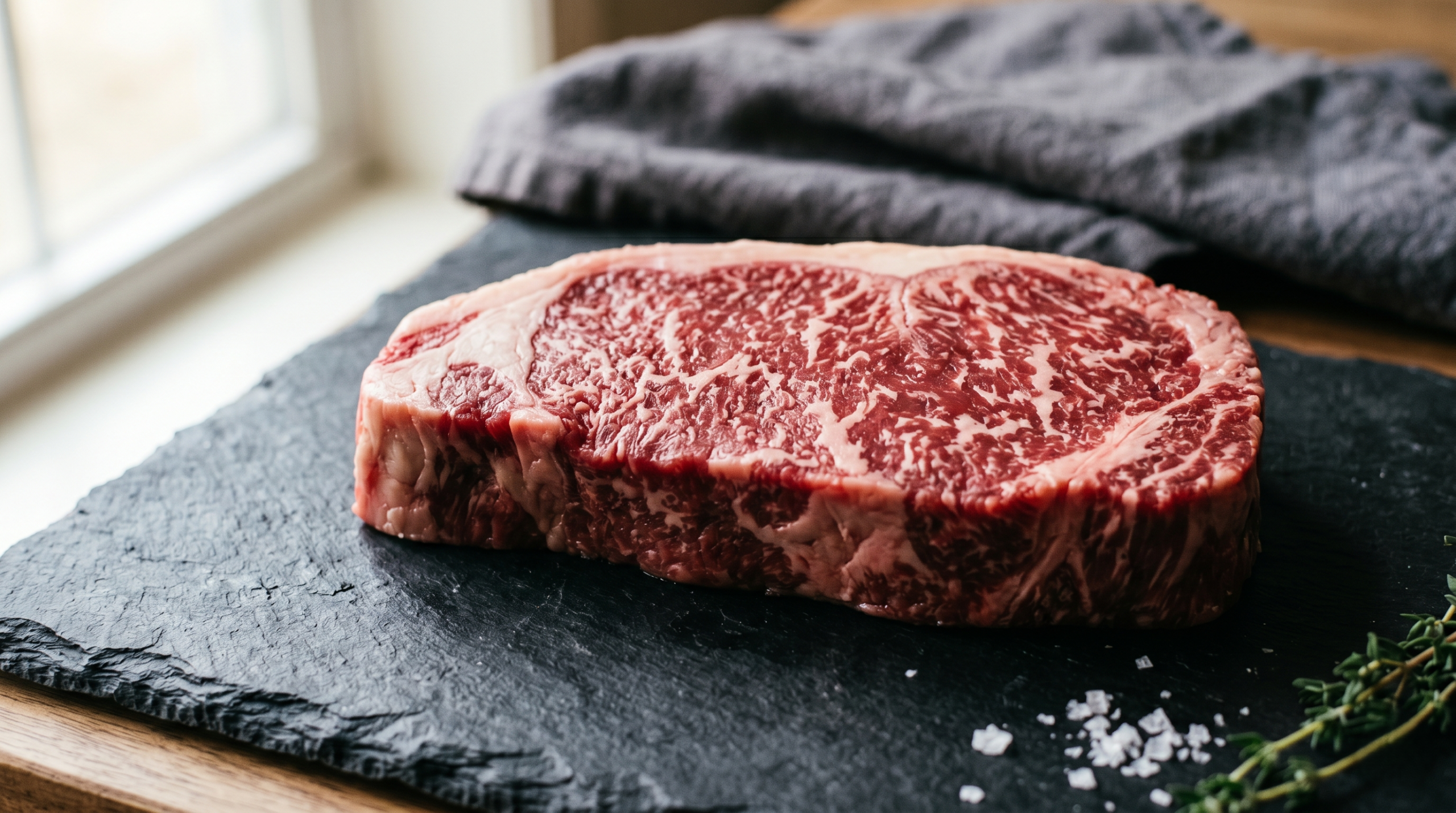 Raw, beautifully marbled NY strip steak on dark slate board