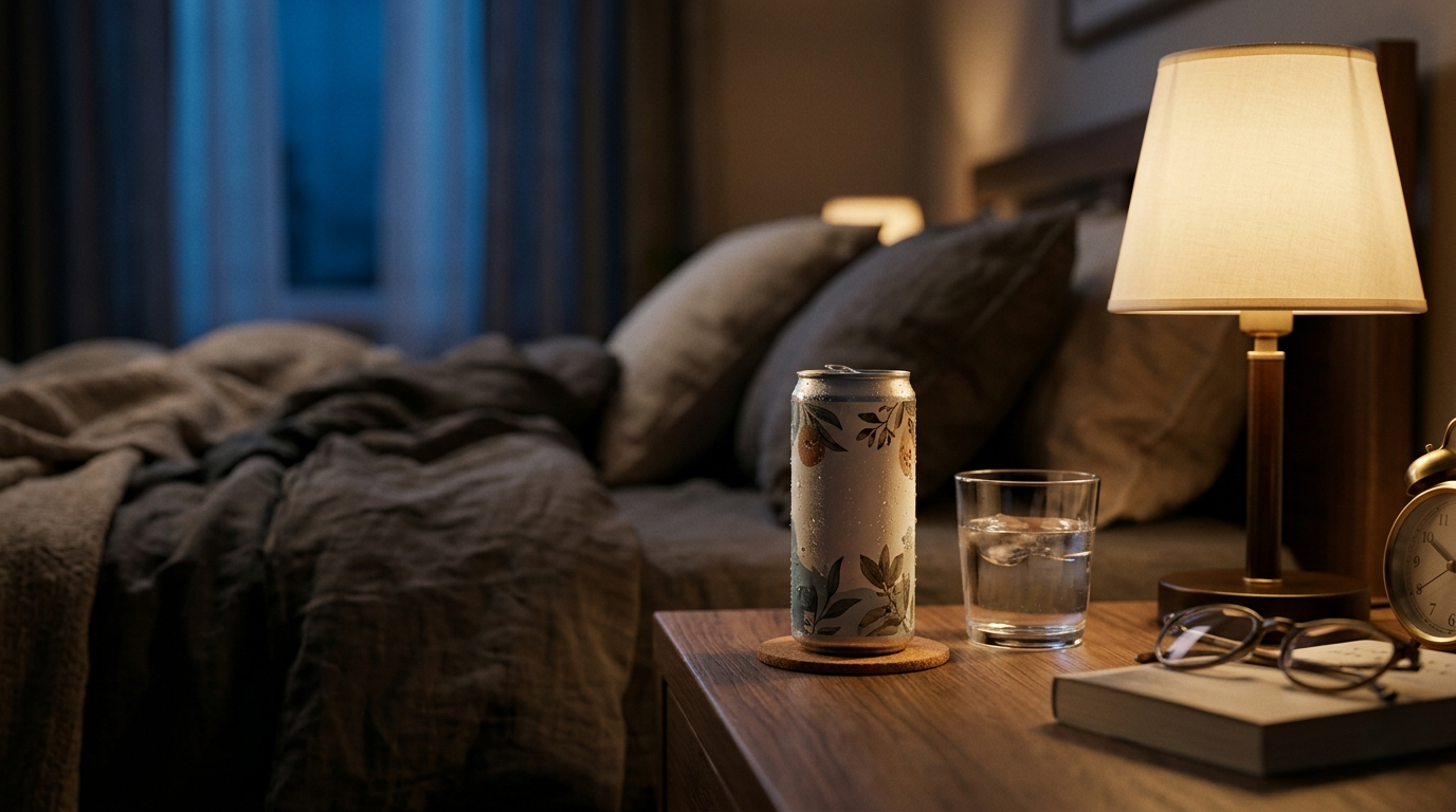 alcohol and sleep quality concept with canned cocktail in evening setting