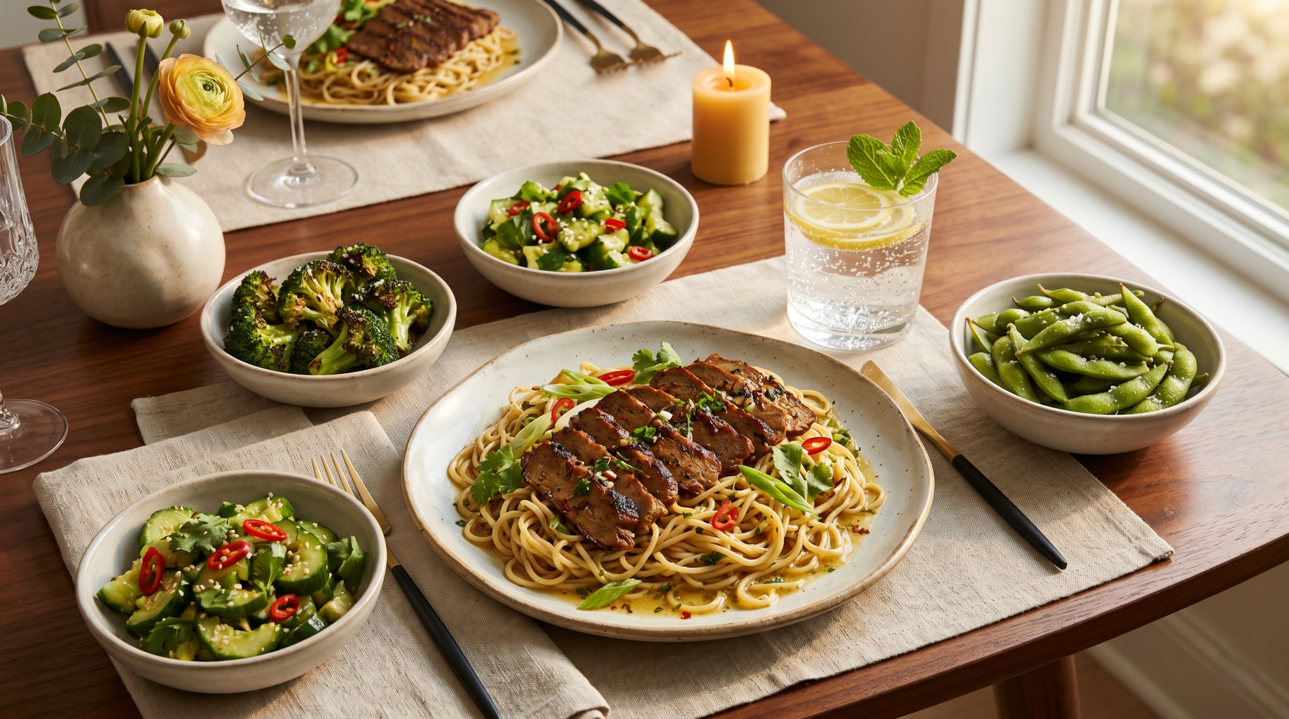 Plant-based garlic butter steak lightning noodles served with healthy side dishes