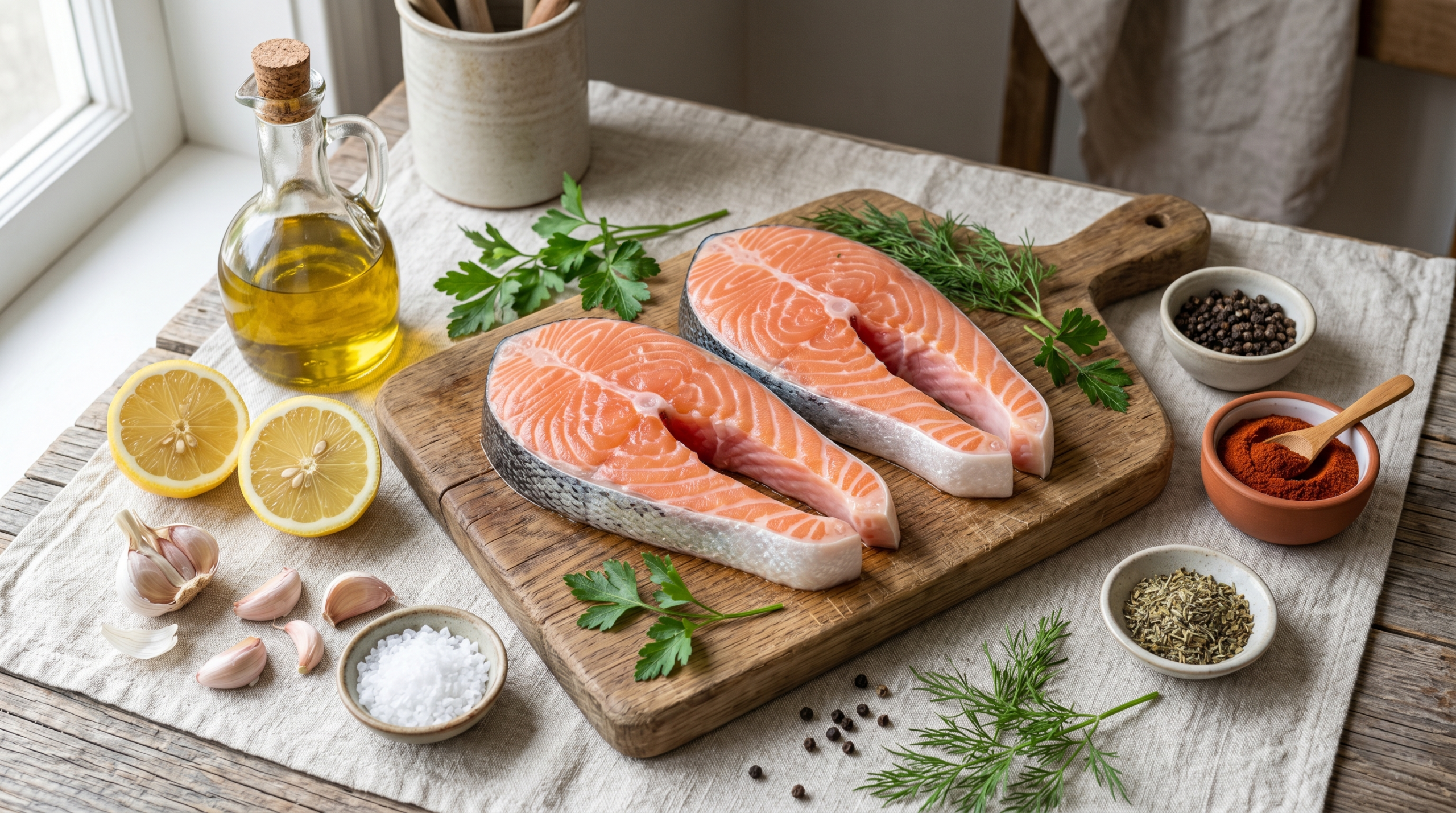 Fresh salmon fillets with olive oil, lemon, garlic, and herbs arranged for healthy grilled salmon preparation