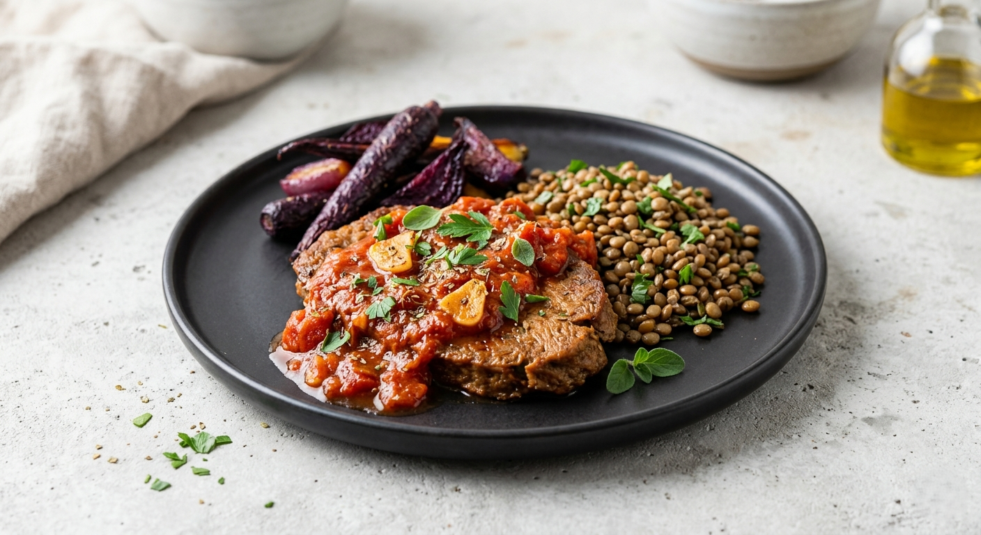 Plated vegan steak pizzaiola recipe, a high-protein plant-based meal served with lentils and vegetables.