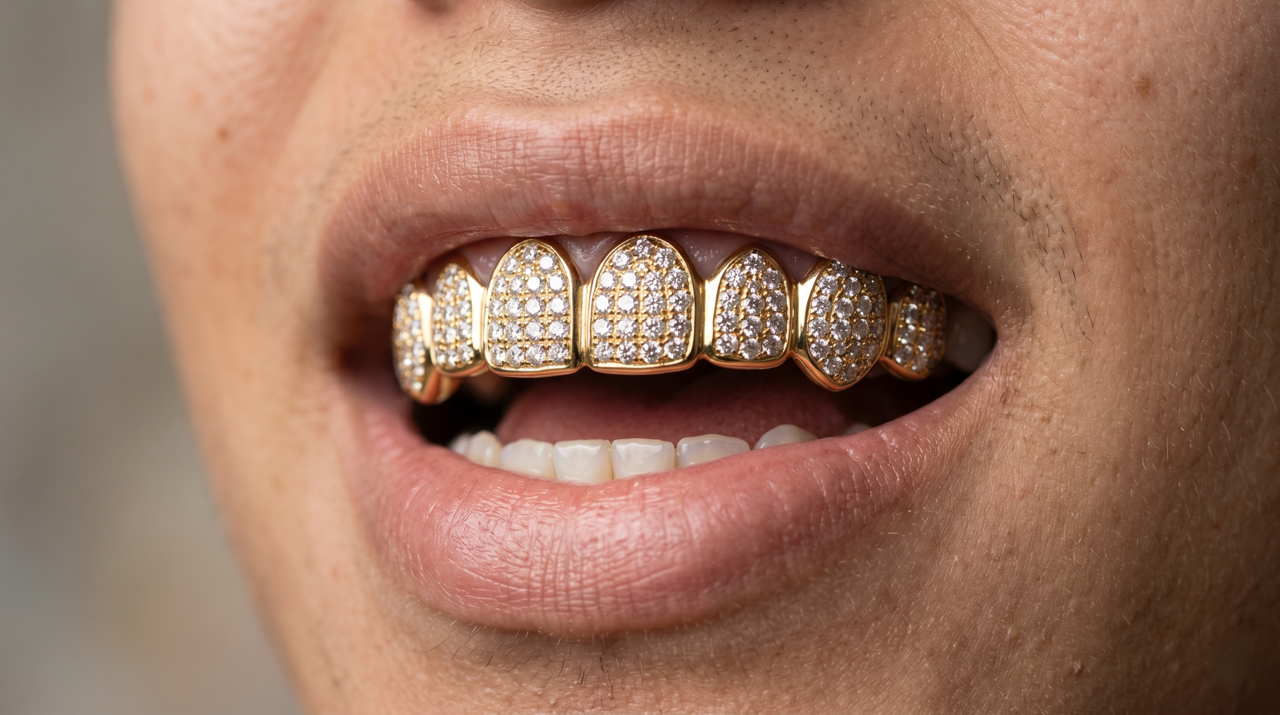 Diamond grills close-up showing gold and diamond dental jewelry on teeth