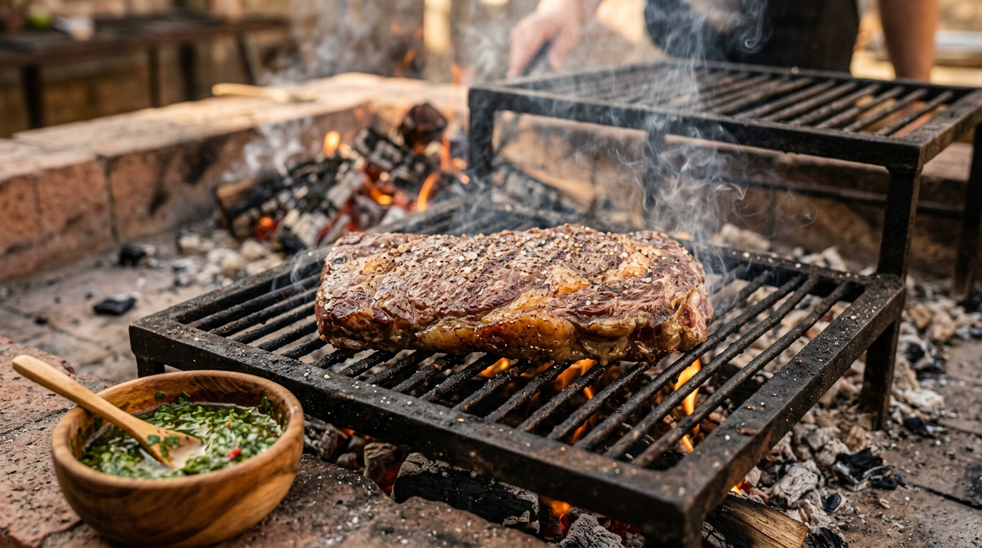 Traditional vacio steak grilling on Argentine asado with chimichurri