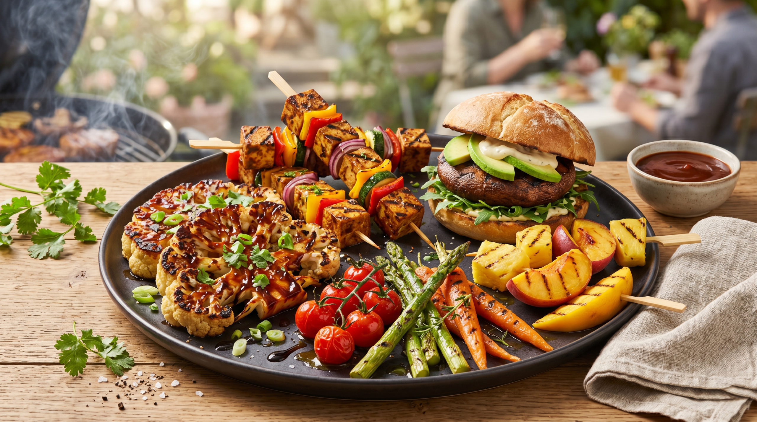 Gourmet plant-based BBQ platter with grilled vegetables, tofu, and mushrooms