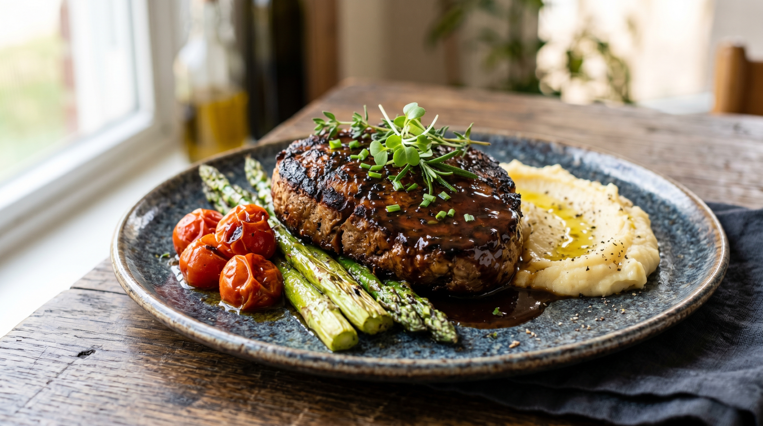 Elegantly plated pan-seared seitan steak with roasted vegetables and rich glaze, showcasing Maillard reaction and visual contrast