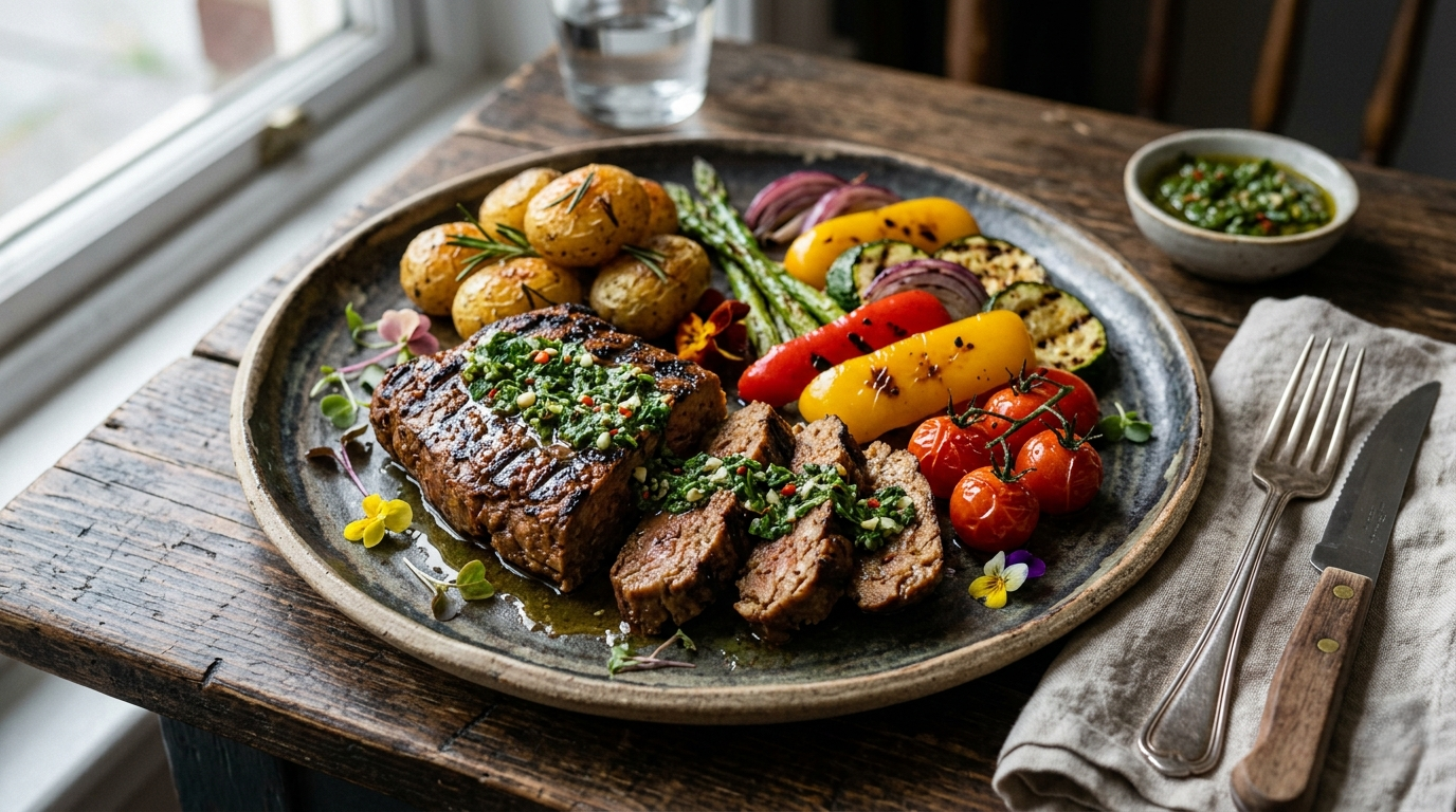 Finished plant-based vacio steak recipe with chimichurri