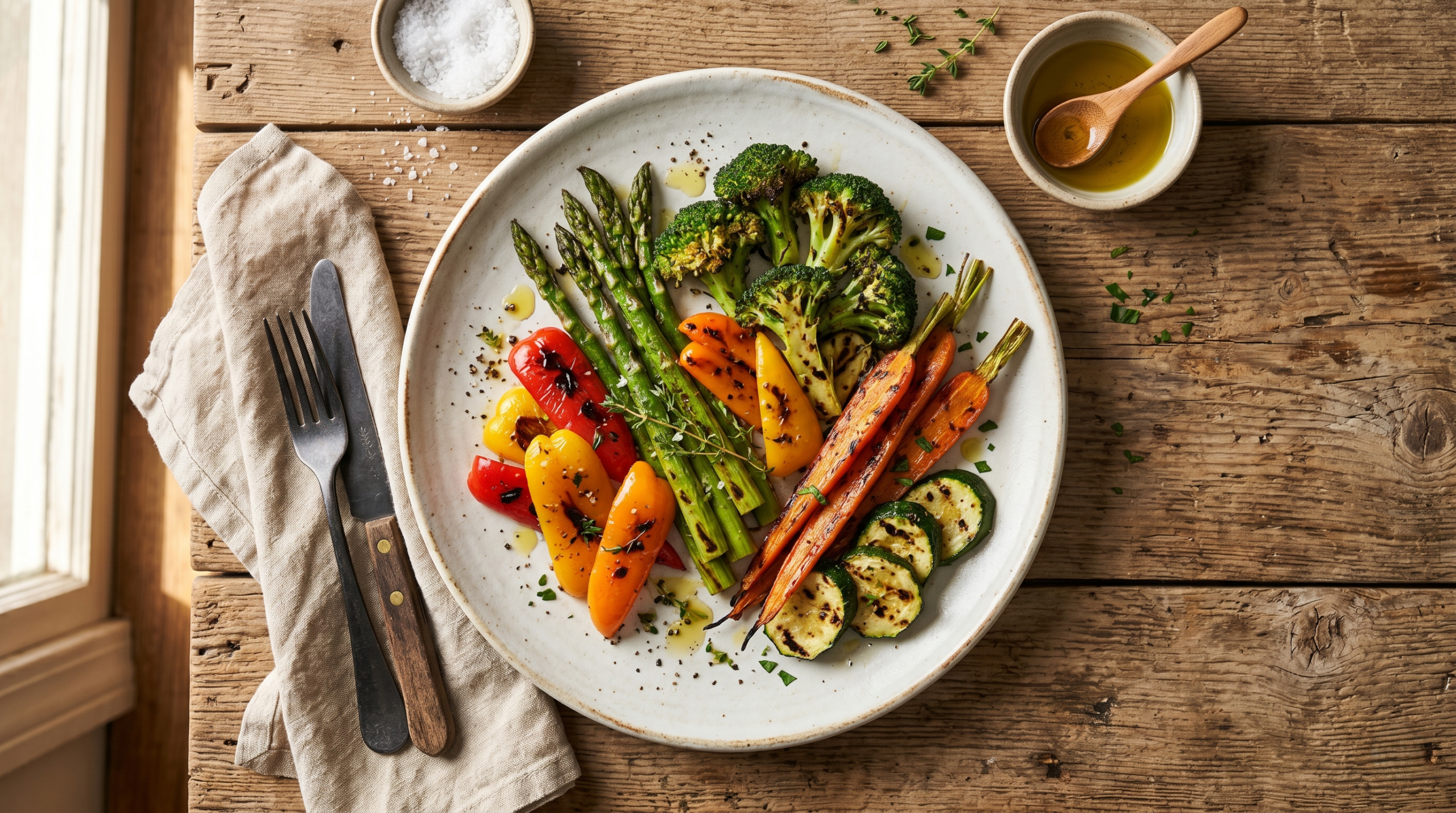 Assorted grilled vegetables including asparagus, broccoli, and peppers prepared as a healthy plant-based side dish