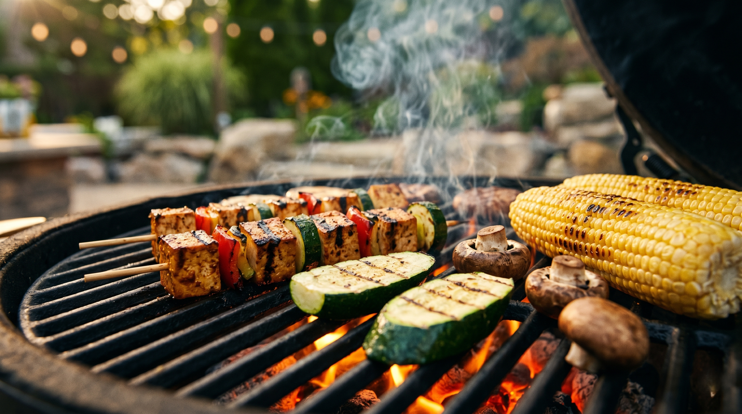 Plant-based foods sizzling on a grill with smoky flames and grill marks