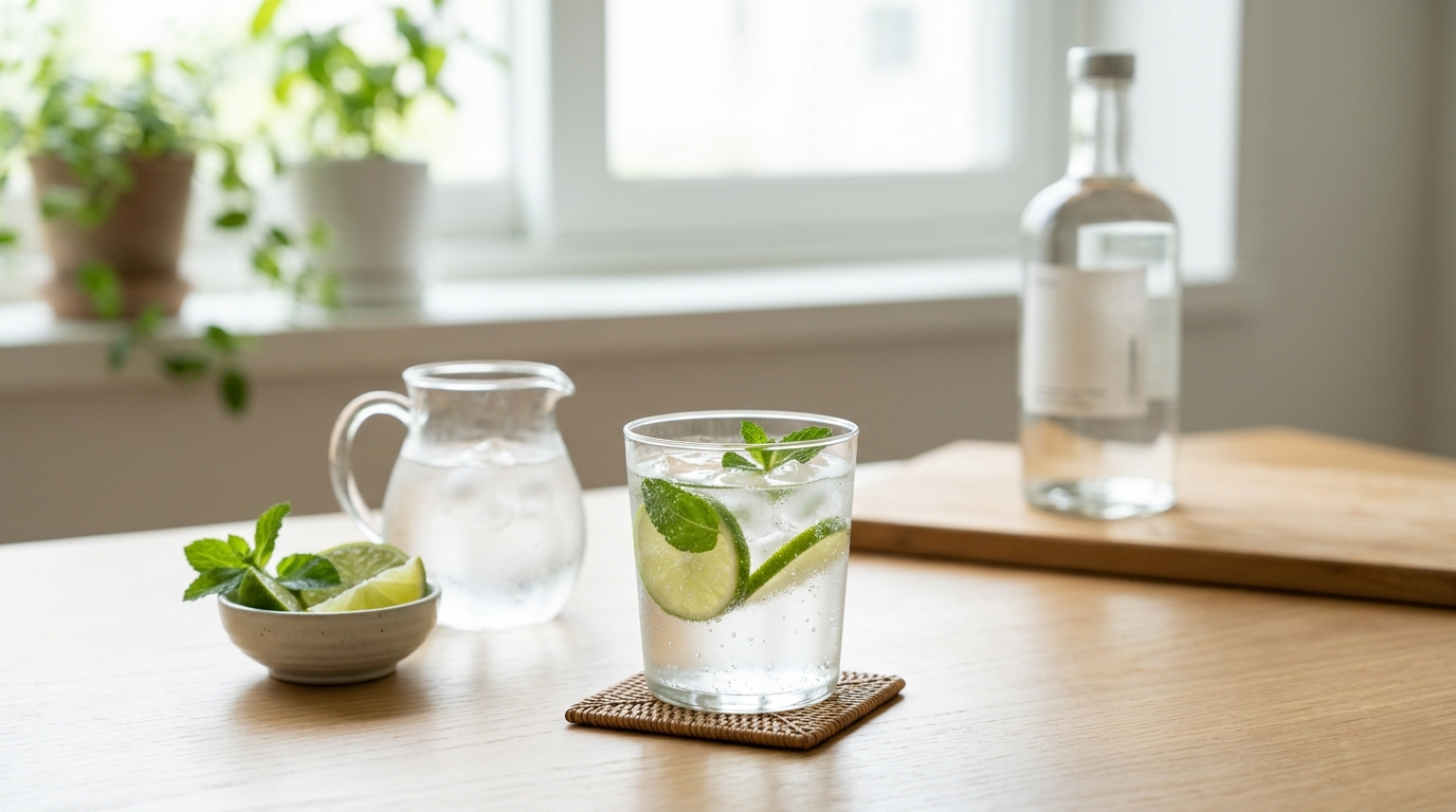 healthy homemade vodka soda with lime and mint plant based drink