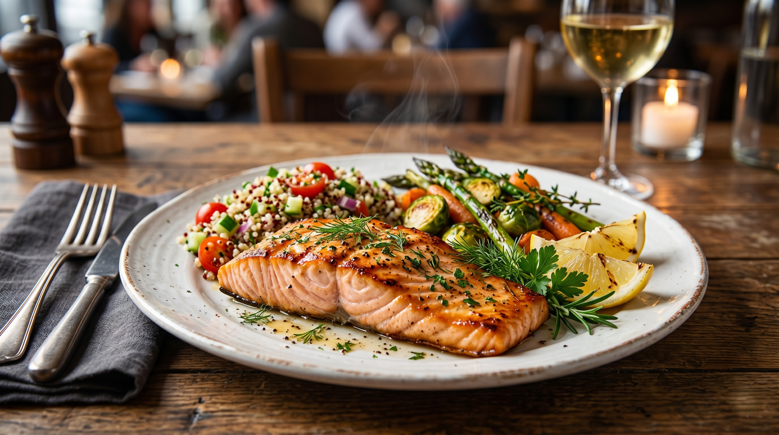 Healthy grilled salmon served with quinoa and vegetables in a balanced plant-forward meal presentation