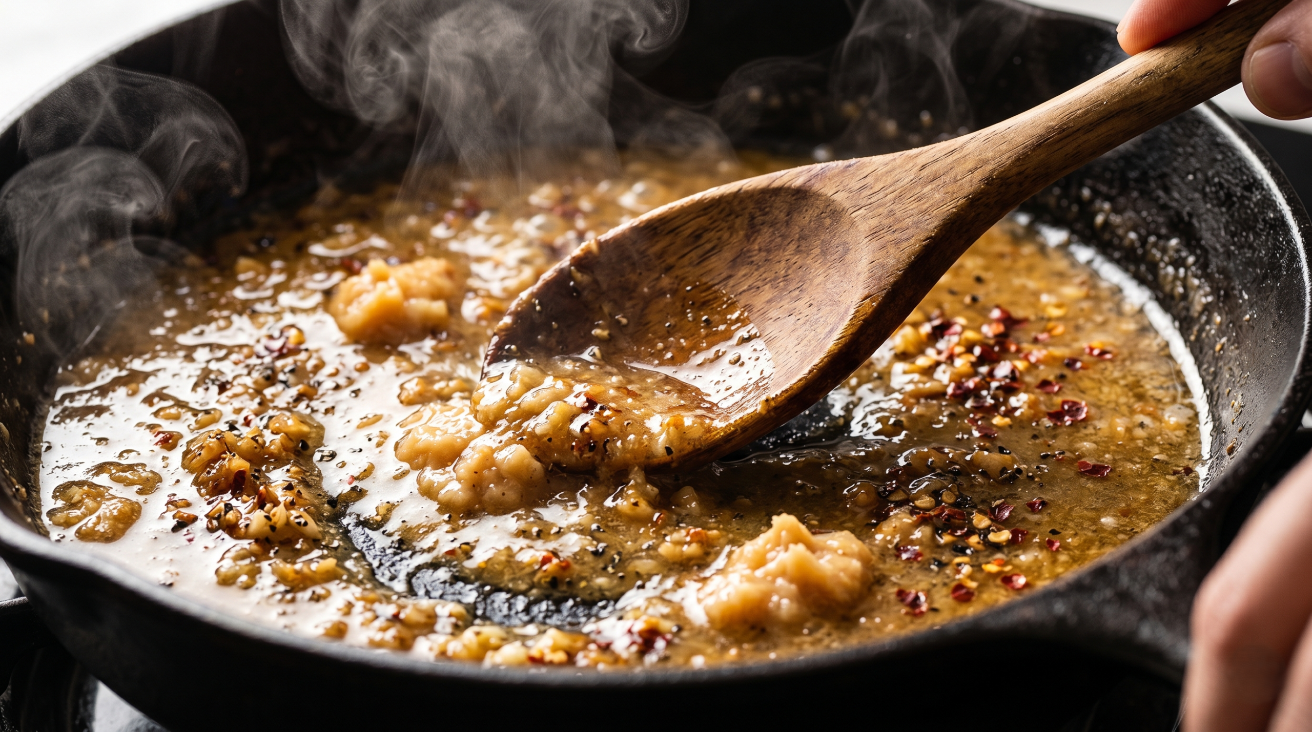 Rich vegan garlic butter sauce with garlic, miso, and soy sauce in skillet