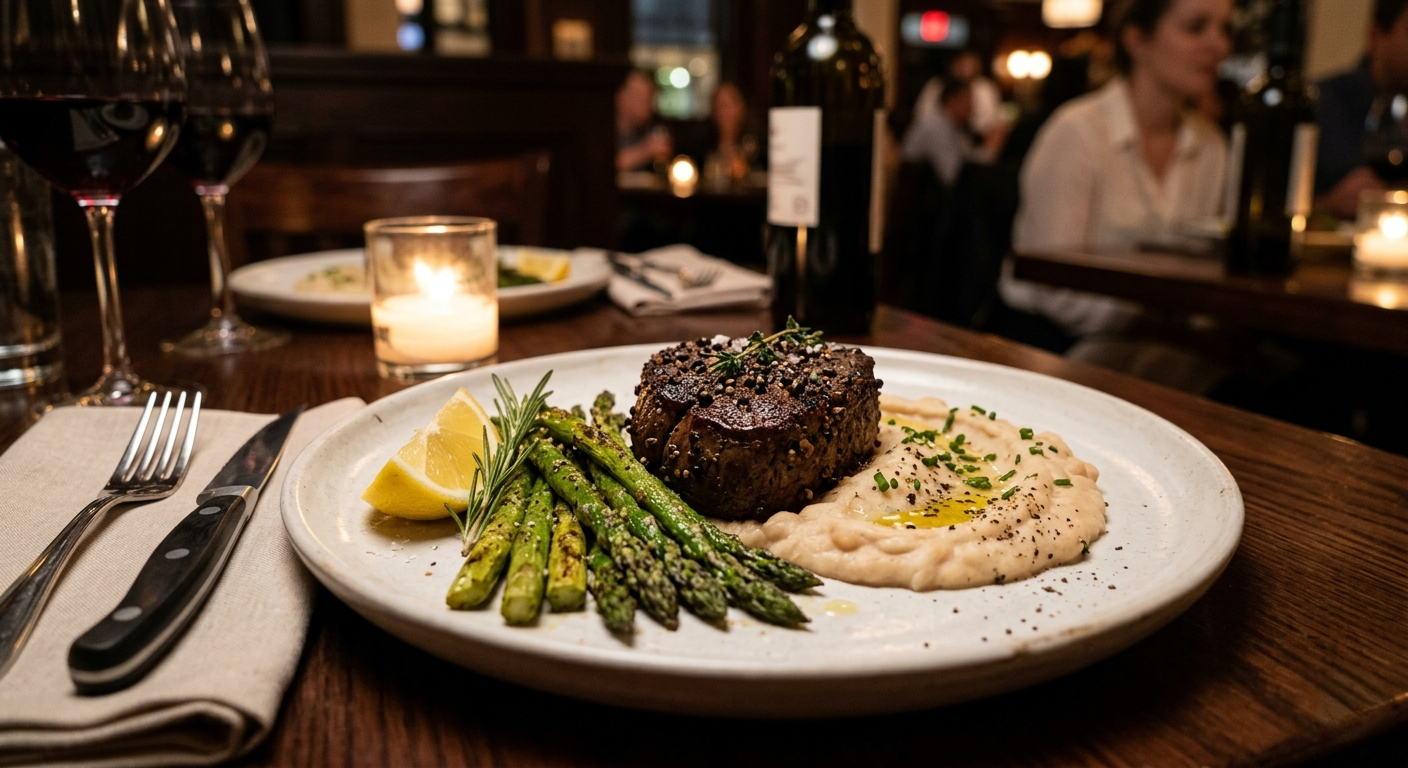 A beautifully plated high-protein plant-based dinner of peppercorn seitan filet with roasted asparagus and mashed cannellini beans.