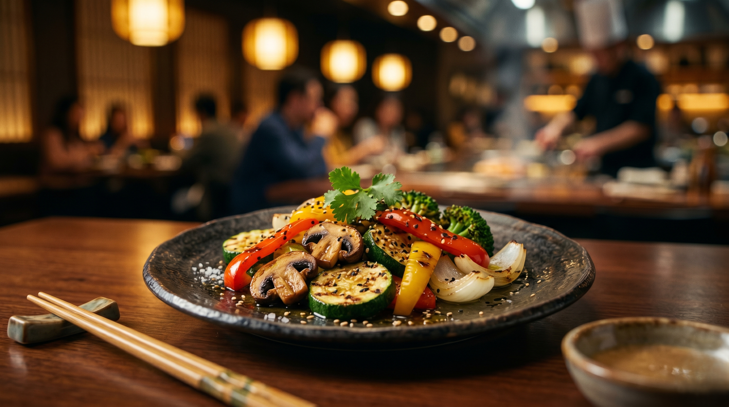 Fresh hibachi grilled vegetables served as a healthy plant diet-friendly Japanese grill meal option