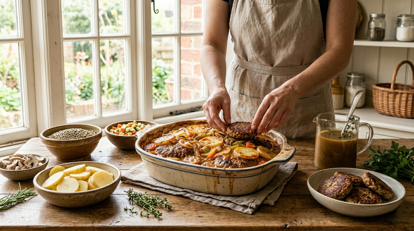 Assembling plant-based Amish hamburger steak bake casserole