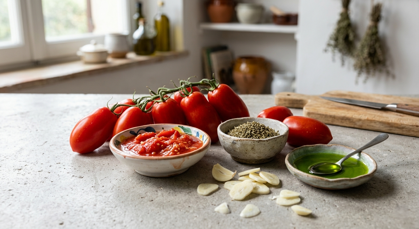 Authentic raw ingredients for Pizzaiola sauce: San Marzano tomatoes, sliced garlic, dried oregano, and olive oil.