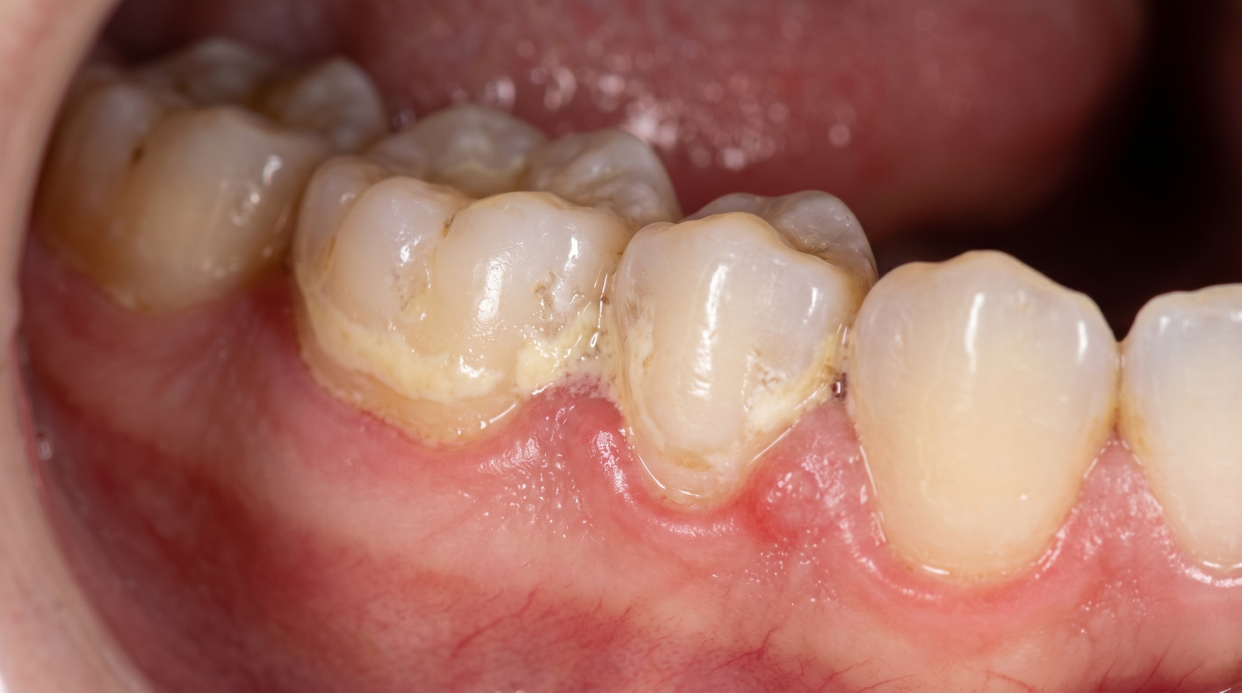 Close-up of teeth showing plaque buildup and gum inflammation from poor oral hygiene