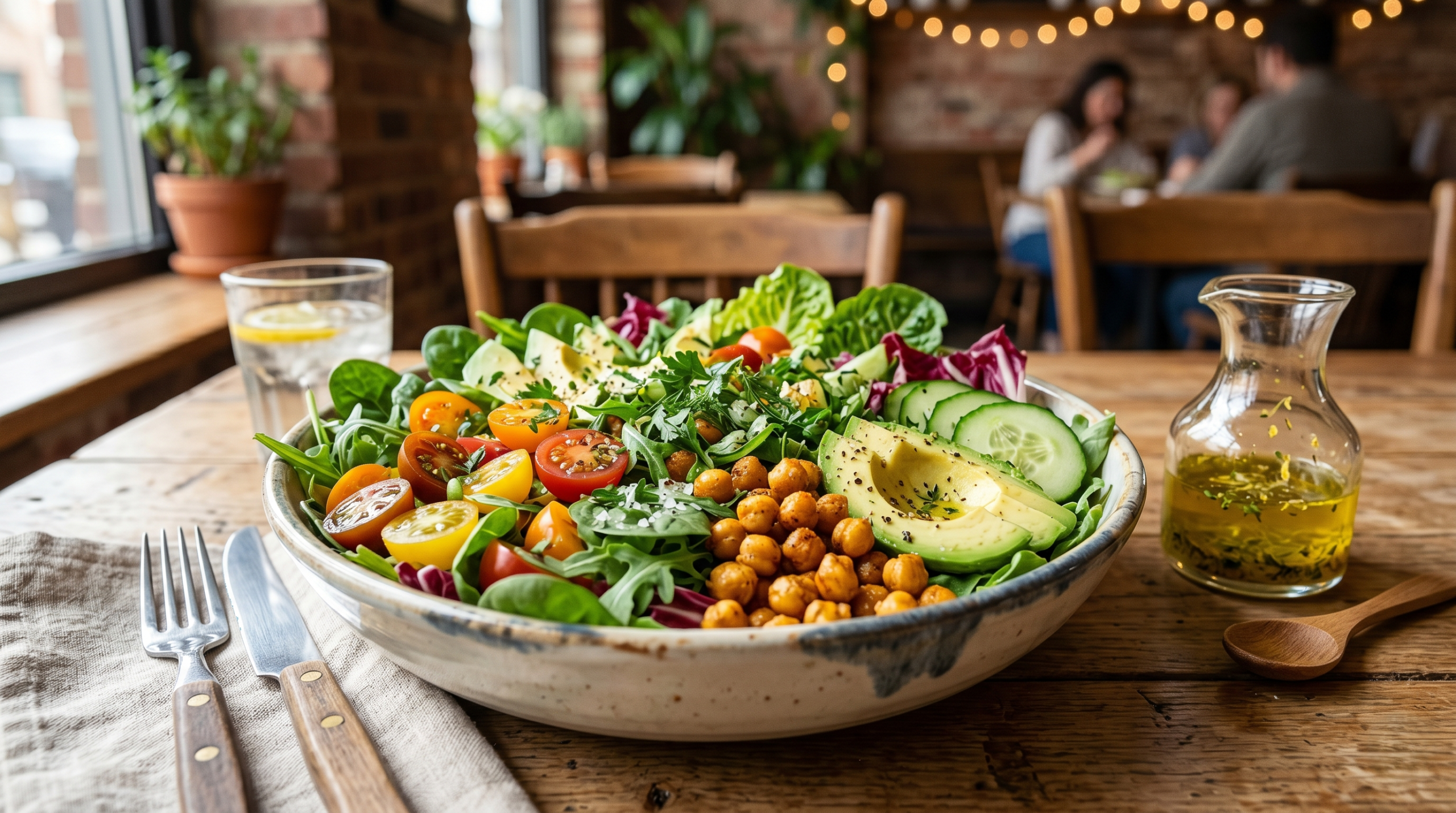 Fresh mixed greens salad with avocado and vegetables representing a healthy plant diet-friendly meal option at a restaurant