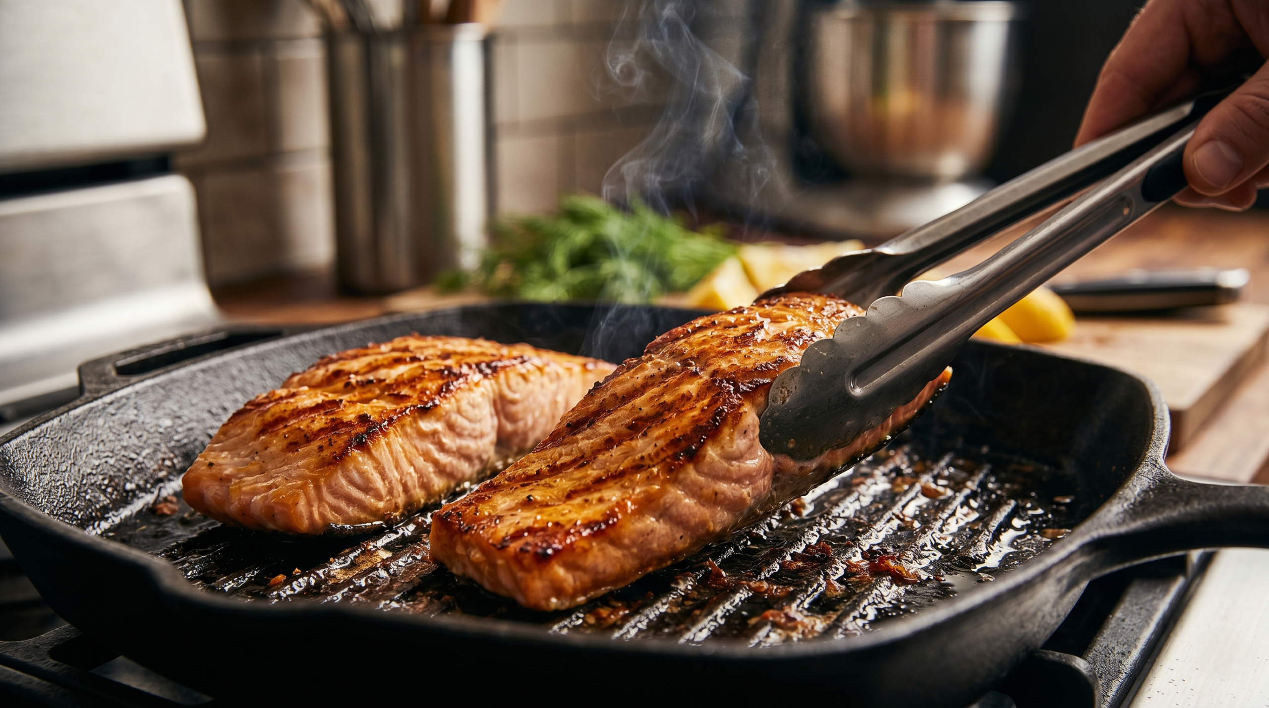 Salmon fillets being grilled on a hot pan with perfect sear marks for healthy copycat grilled salmon