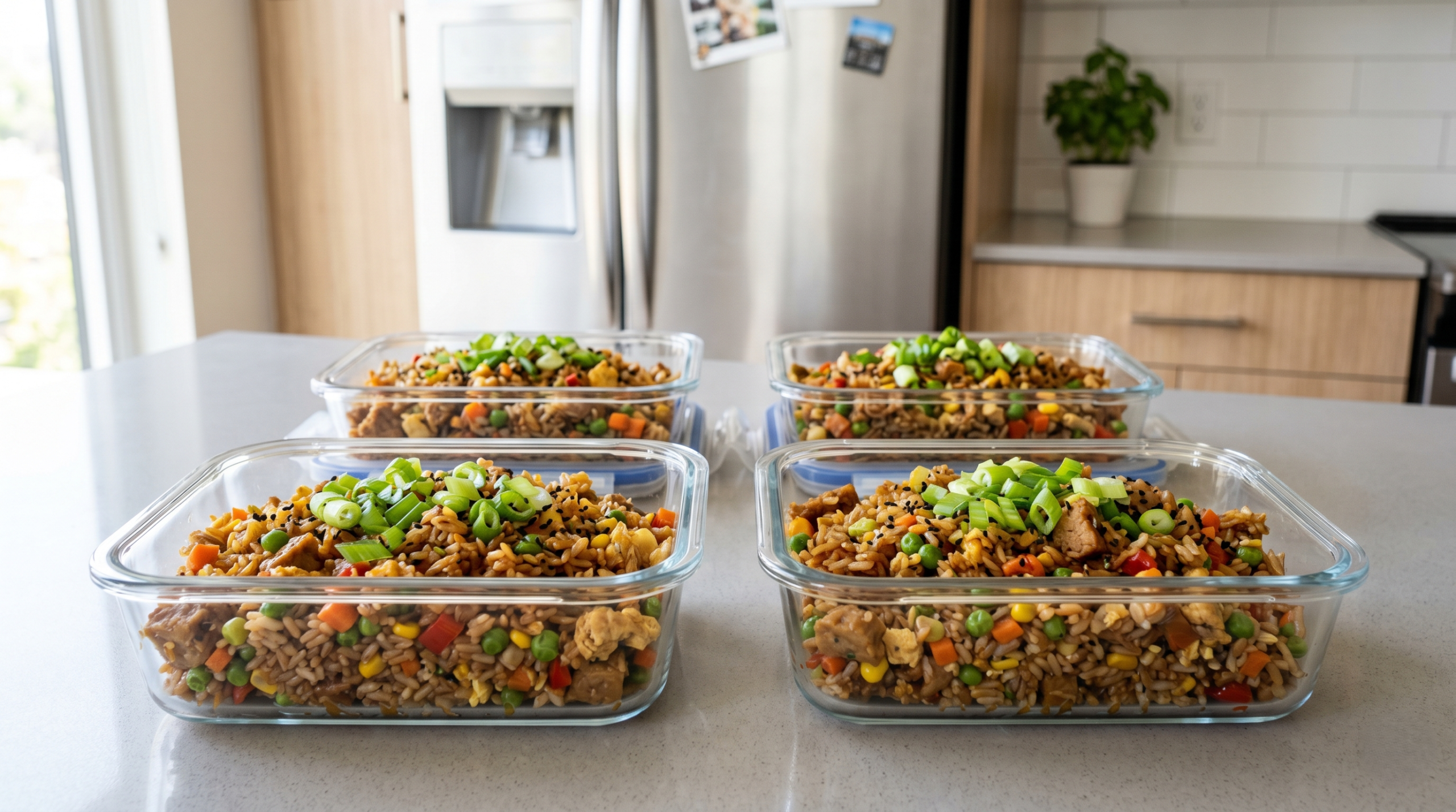 Four glass meal prep containers filled with healthy plant-based chicken fried rice, ready for the freezer.