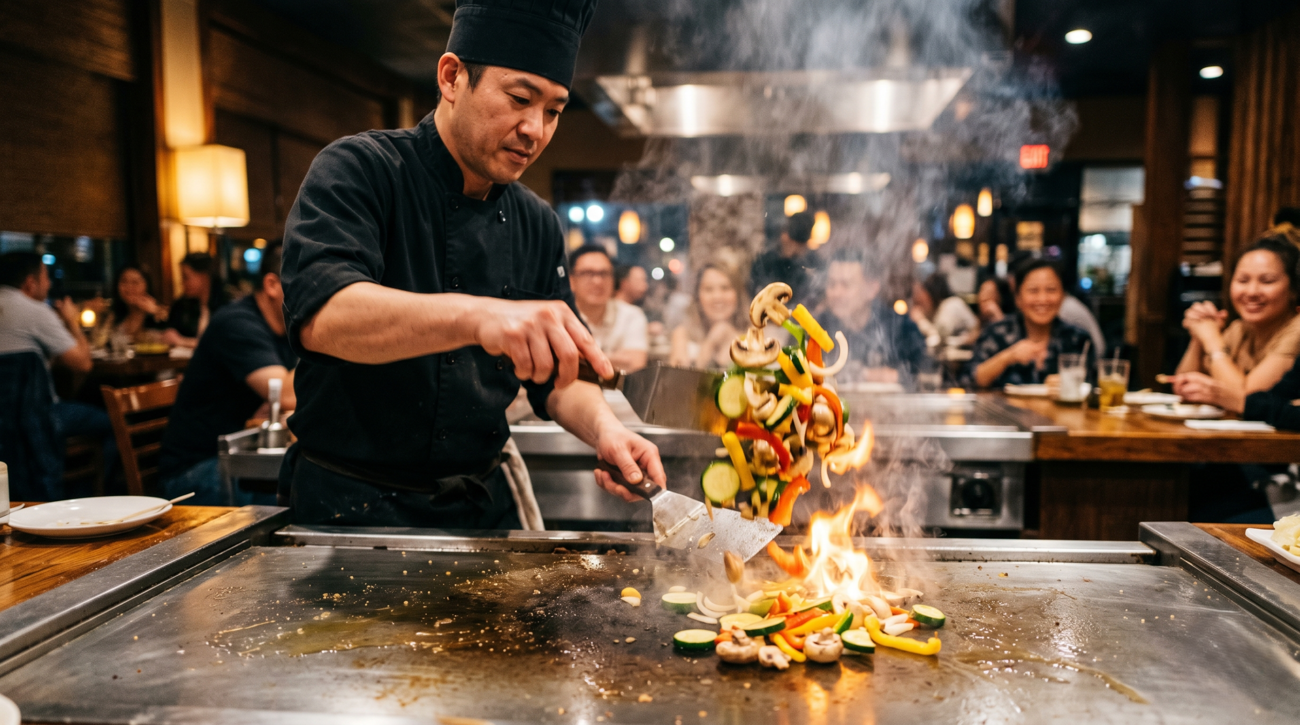 Hibachi chef grilling fresh vegetables on a hot Japanese grill in a restaurant cooking scene