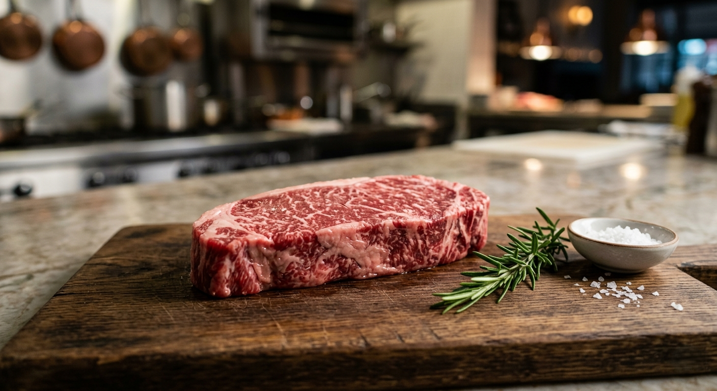 Raw lean New York Strip steak on a wooden cutting board, focused on meat texture and high-protein marbling.
