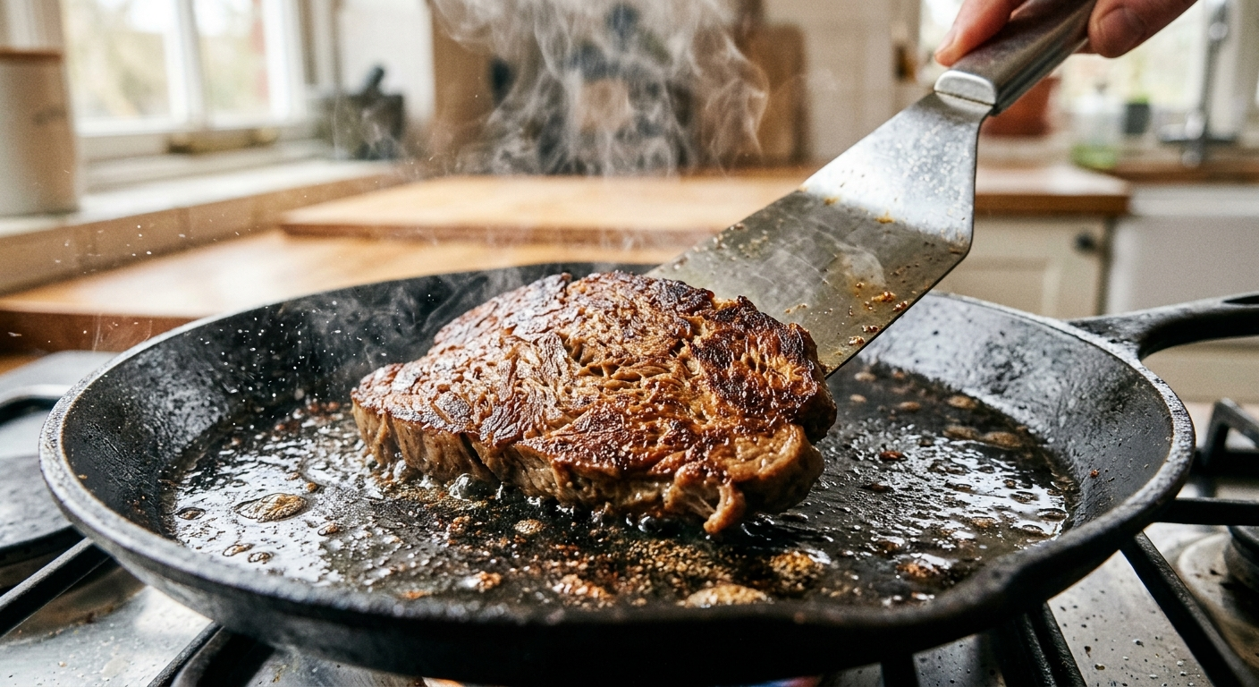 Close-up of homemade seitan steak being seared in a hot cast-iron skillet to achieve a caramelized crust.