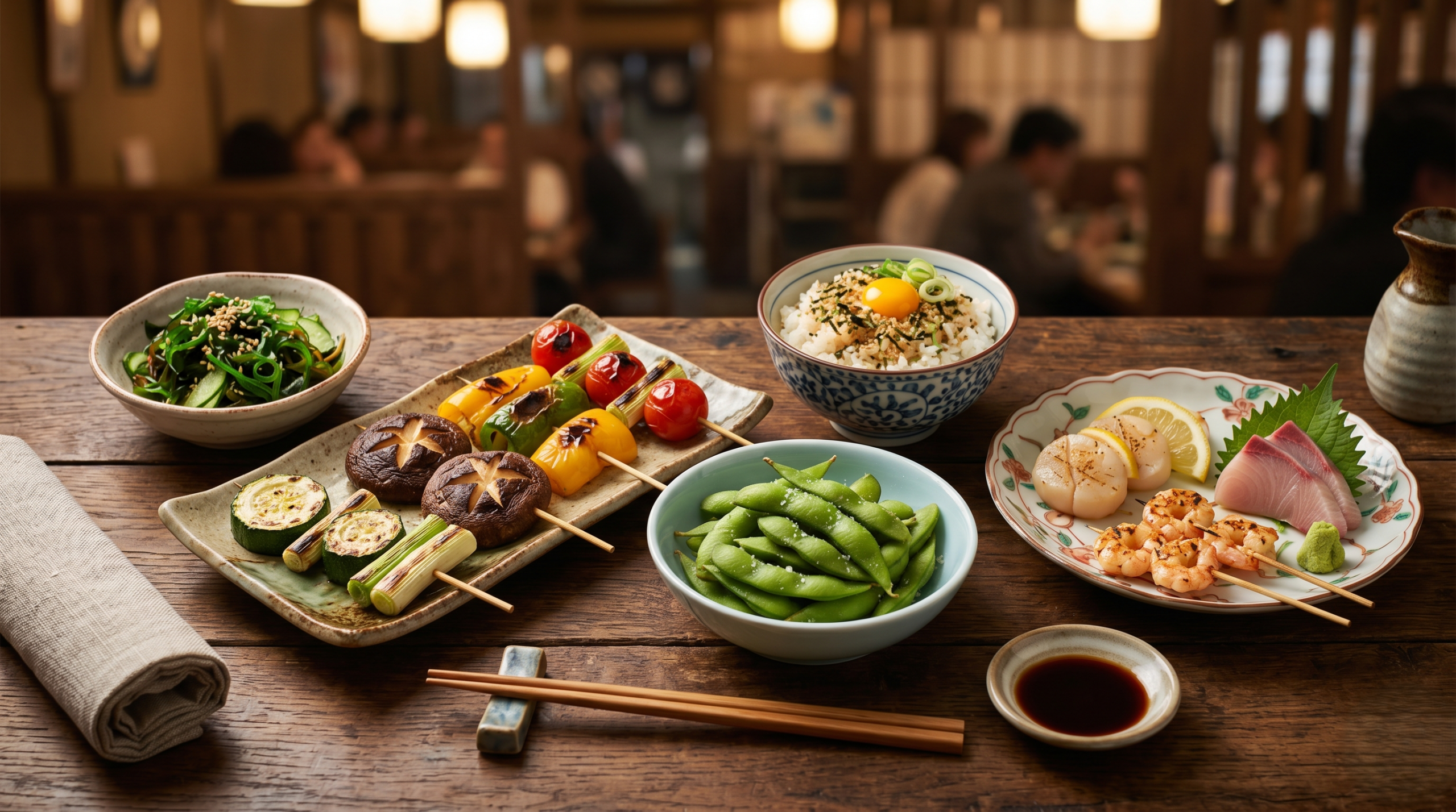 Variety of healthy Japanese grill dishes including vegetables, edamame, and seafood for plant-forward dining