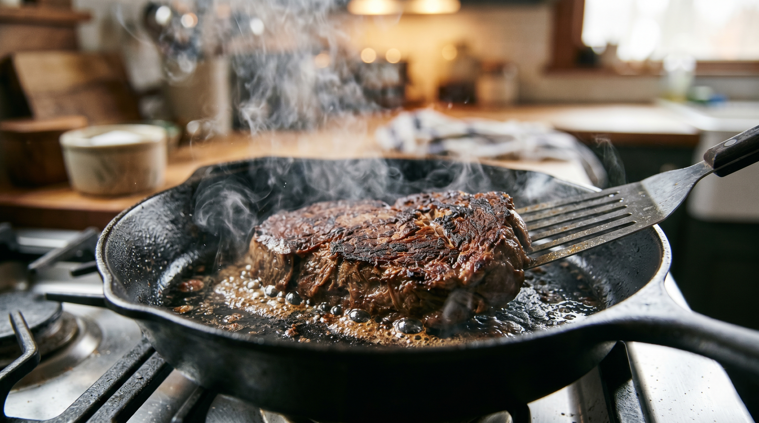 Seitan steak sizzling and searing in a hot cast-iron skillet, developing a dark crust