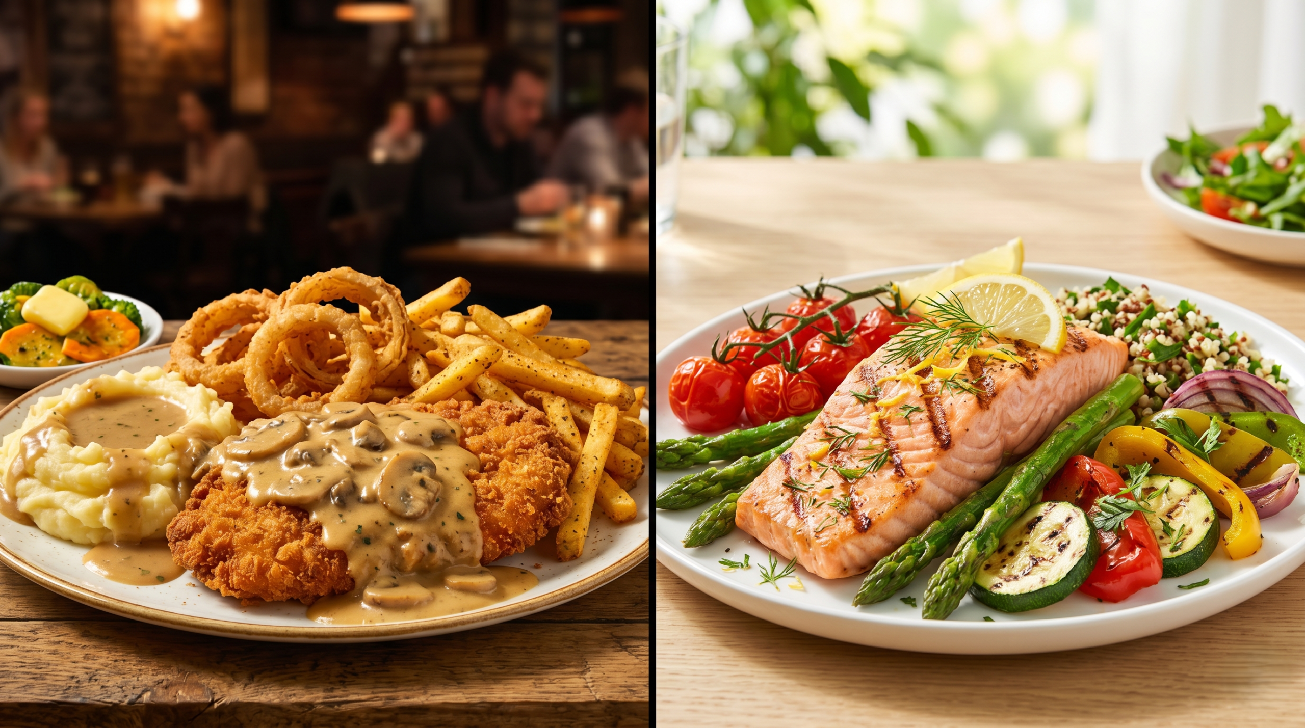 Comparison of unhealthy heavy restaurant meal versus healthy plant-based grilled meal options
