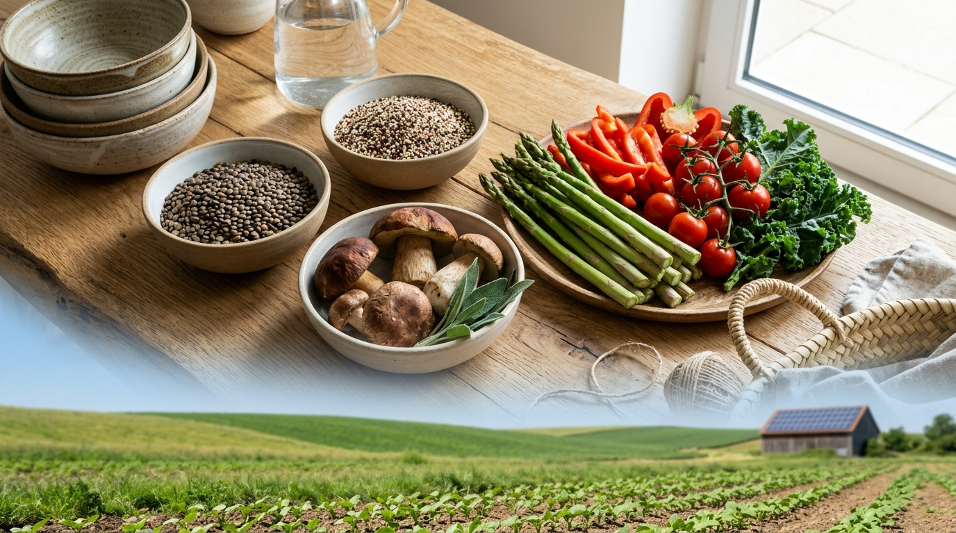 A conceptual yet realistic image showing sustainable plant-based foods like legumes, vegetables, grains, and mushrooms beautifully arranged with eco-friendly visual themes such as green farmland, reduced carbon lifestyle, or earth-toned natural elements. Clean sustainability-focused food photography, modern environmental wellness aesthetic, natural colors, no text, no icons, no labels --ar 16:9