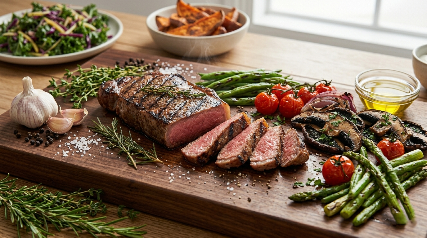 Nutrition strip steak cooked New York strip with healthy side vegetables